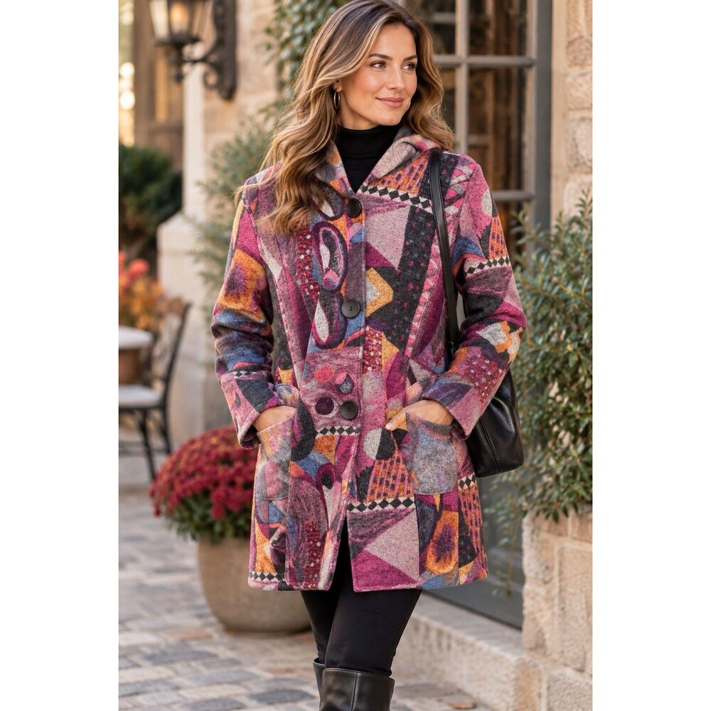 Damee Art to Wear Jacket Womens Medium Abstract Geometric Hooded Artsy Coat